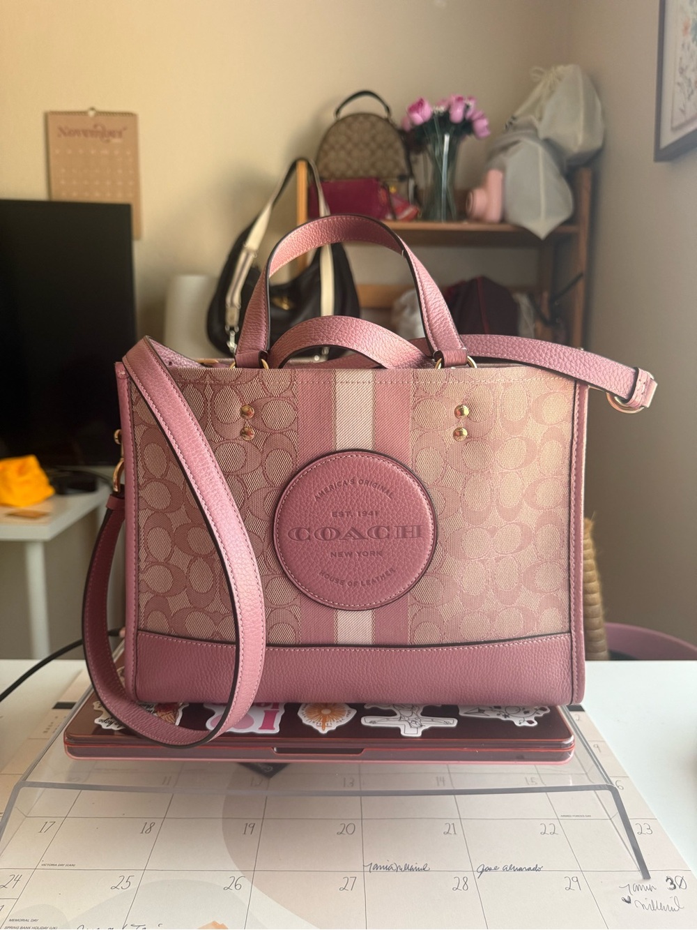 Coach Pink Signature Stripe Crossbody Tote